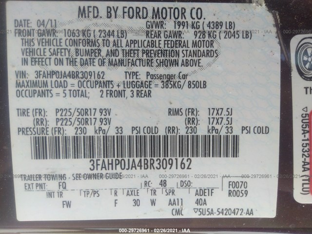 Photo 8 VIN: 3FAHP0JA4BR309162 - FORD FUSION 