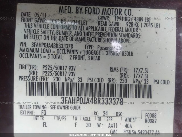 Photo 8 VIN: 3FAHP0JA4BR333378 - FORD FUSION 