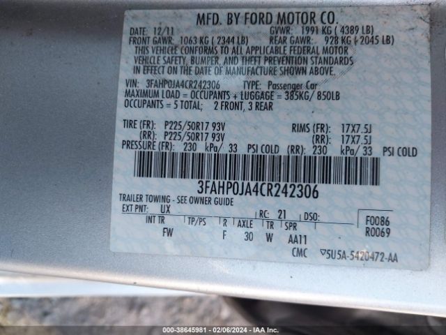 Photo 8 VIN: 3FAHP0JA4CR242306 - FORD FUSION 