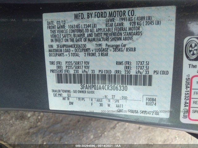 Photo 8 VIN: 3FAHP0JA4CR306330 - FORD FUSION 