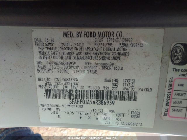 Photo 8 VIN: 3FAHP0JA5AR386959 - FORD FUSION 