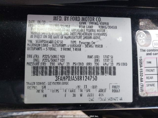 Photo 8 VIN: 3FAHP0JA5BR124750 - FORD FUSION 