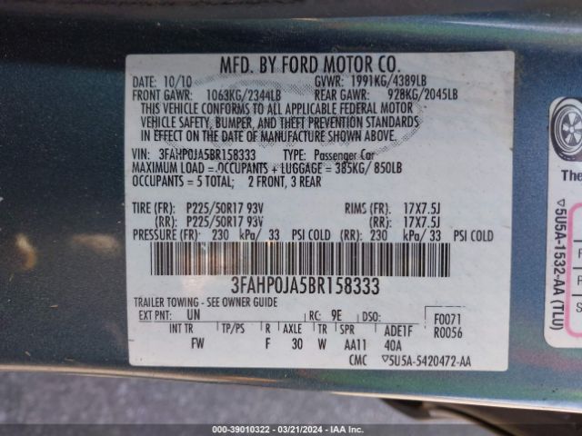 Photo 8 VIN: 3FAHP0JA5BR158333 - FORD FUSION 