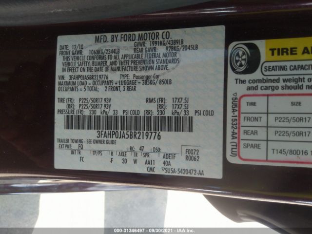 Photo 8 VIN: 3FAHP0JA5BR219776 - FORD FUSION 