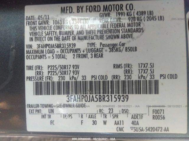 Photo 8 VIN: 3FAHP0JA5BR315939 - FORD FUSION 