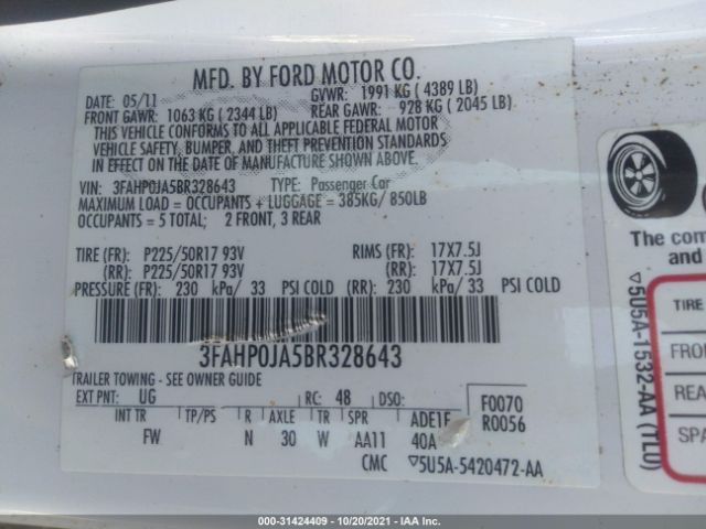 Photo 8 VIN: 3FAHP0JA5BR328643 - FORD FUSION 