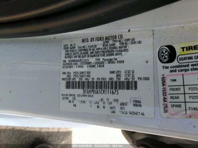 Photo 8 VIN: 3FAHP0JA5CR111675 - FORD FUSION 