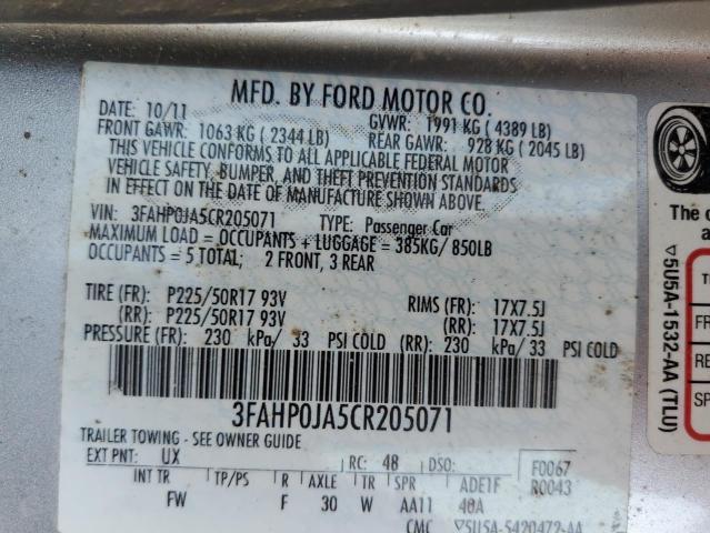 Photo 11 VIN: 3FAHP0JA5CR205071 - FORD FUSION SEL 