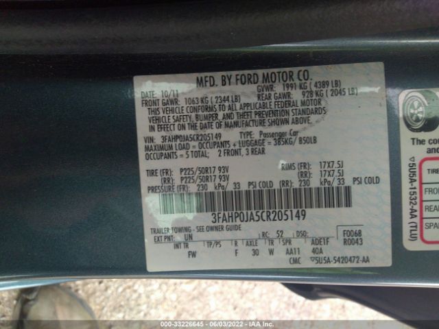 Photo 8 VIN: 3FAHP0JA5CR205149 - FORD FUSION 