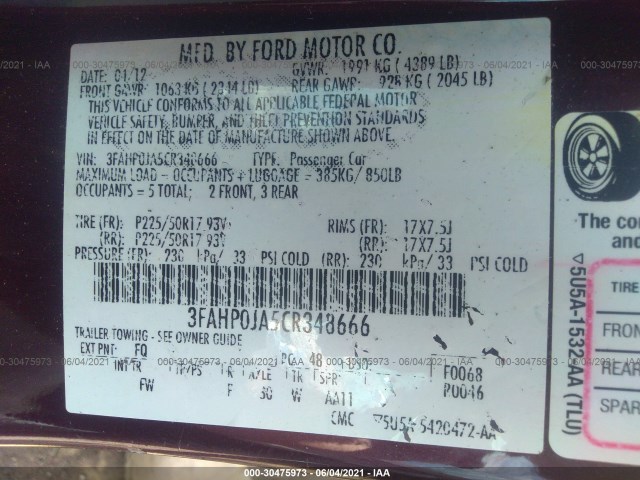 Photo 8 VIN: 3FAHP0JA5CR348666 - FORD FUSION 