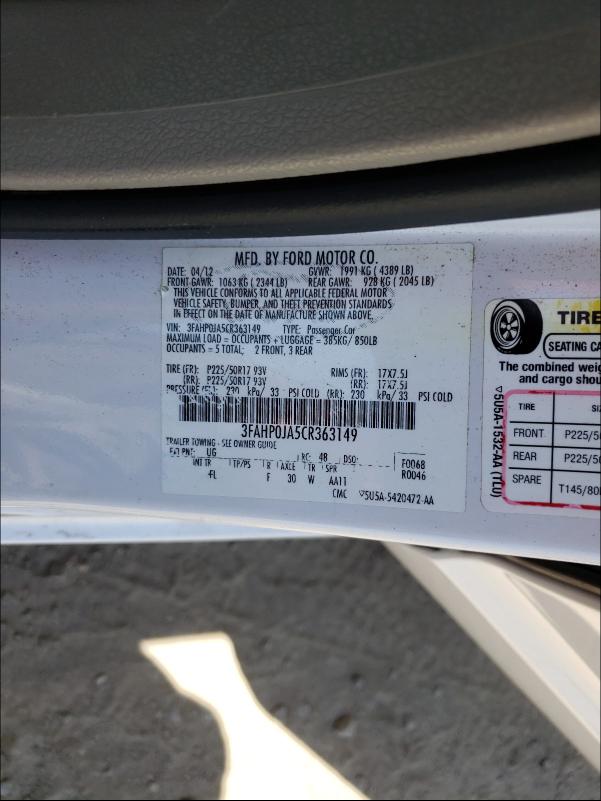 Photo 9 VIN: 3FAHP0JA5CR363149 - FORD FUSION SEL 