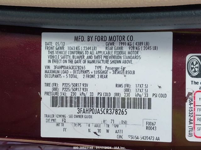 Photo 8 VIN: 3FAHP0JA5CR378265 - FORD FUSION 