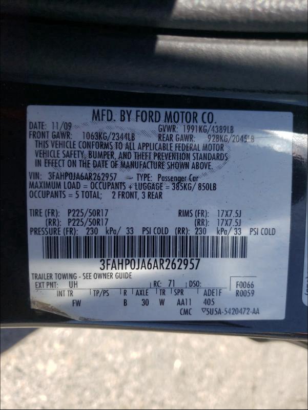 Photo 9 VIN: 3FAHP0JA6AR262957 - FORD FUSION SEL 