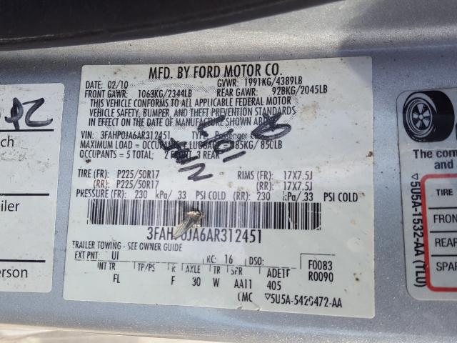 Photo 9 VIN: 3FAHP0JA6AR312451 - FORD FUSION SEL 