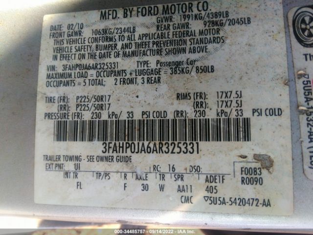 Photo 8 VIN: 3FAHP0JA6AR325331 - FORD FUSION 