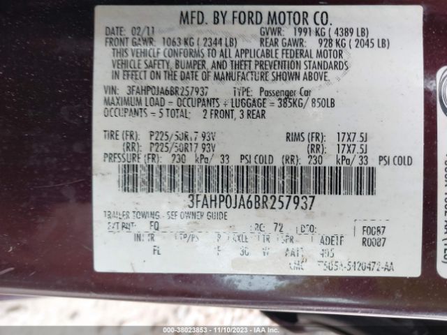 Photo 8 VIN: 3FAHP0JA6BR257937 - FORD FUSION 