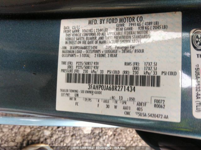 Photo 8 VIN: 3FAHP0JA6BR271434 - FORD FUSION 