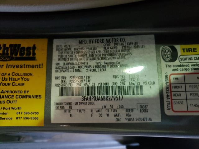 Photo 9 VIN: 3FAHP0JA6BR279517 - FORD FUSION SEL 