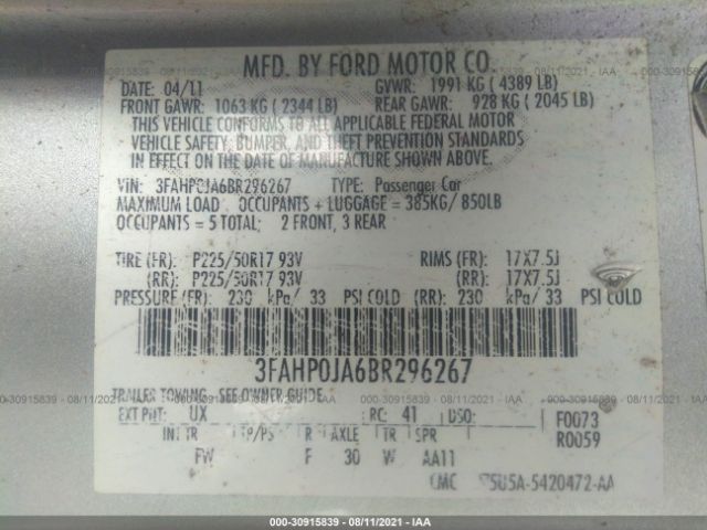 Photo 8 VIN: 3FAHP0JA6BR296267 - FORD FUSION 