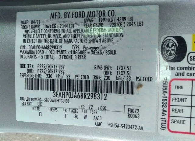 Photo 8 VIN: 3FAHP0JA6BR298312 - FORD FUSION 