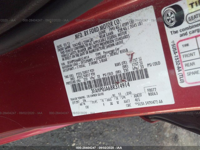 Photo 8 VIN: 3FAHP0JA6BR314914 - FORD FUSION 