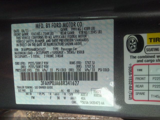 Photo 8 VIN: 3FAHP0JA6BR341627 - FORD FUSION 