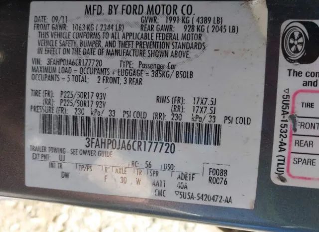 Photo 8 VIN: 3FAHP0JA6CR177720 - FORD FUSION 