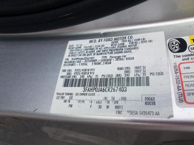 Photo 9 VIN: 3FAHP0JA6CR267403 - FORD FUSION SEL 