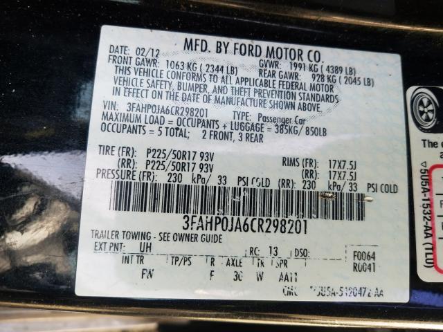 Photo 9 VIN: 3FAHP0JA6CR298201 - FORD FUSION SEL 