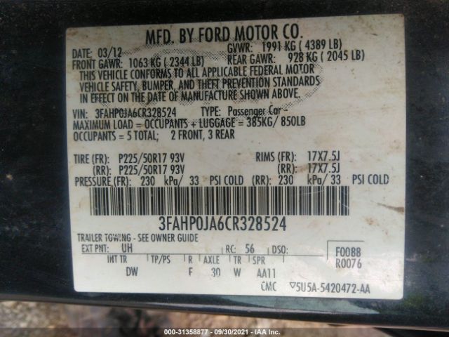 Photo 8 VIN: 3FAHP0JA6CR328524 - FORD FUSION 