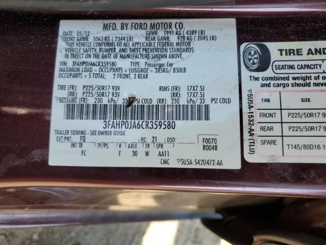 Photo 11 VIN: 3FAHP0JA6CR359580 - FORD FUSION 