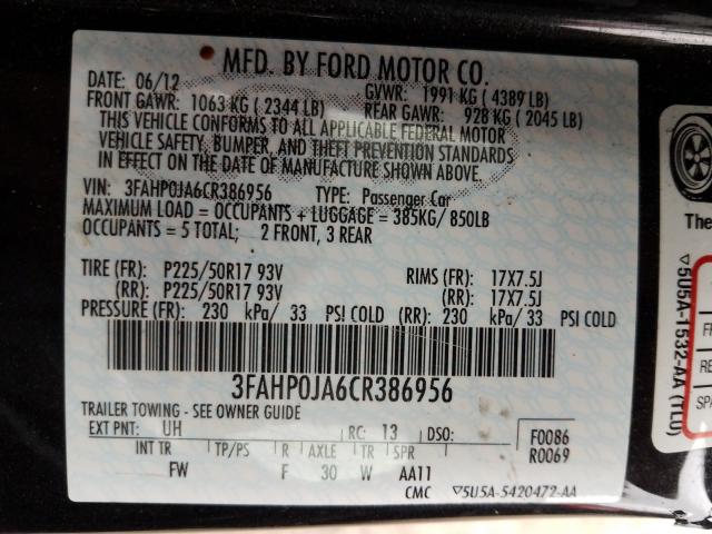 Photo 9 VIN: 3FAHP0JA6CR386956 - FORD FUSION SEL 