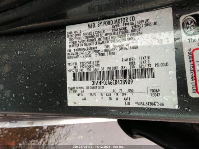 Photo 8 VIN: 3FAHP0JA6CR438909 - FORD FUSION 