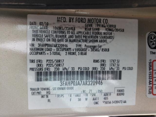 Photo 9 VIN: 3FAHP0JA7AR320946 - FORD FUSION SEL 