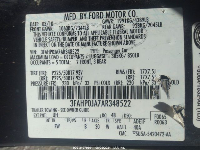 Photo 8 VIN: 3FAHP0JA7AR348522 - FORD FUSION 