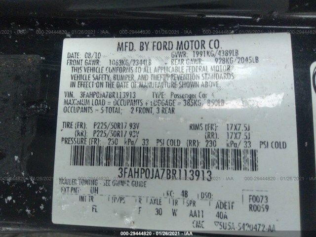 Photo 8 VIN: 3FAHP0JA7BR113913 - FORD FUSION 