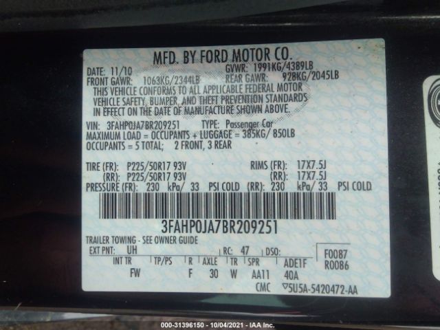 Photo 8 VIN: 3FAHP0JA7BR209251 - FORD FUSION 