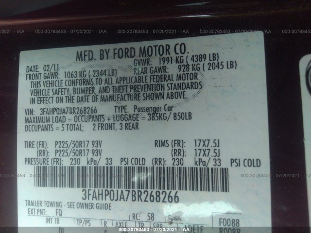 Photo 8 VIN: 3FAHP0JA7BR268266 - FORD FUSION 