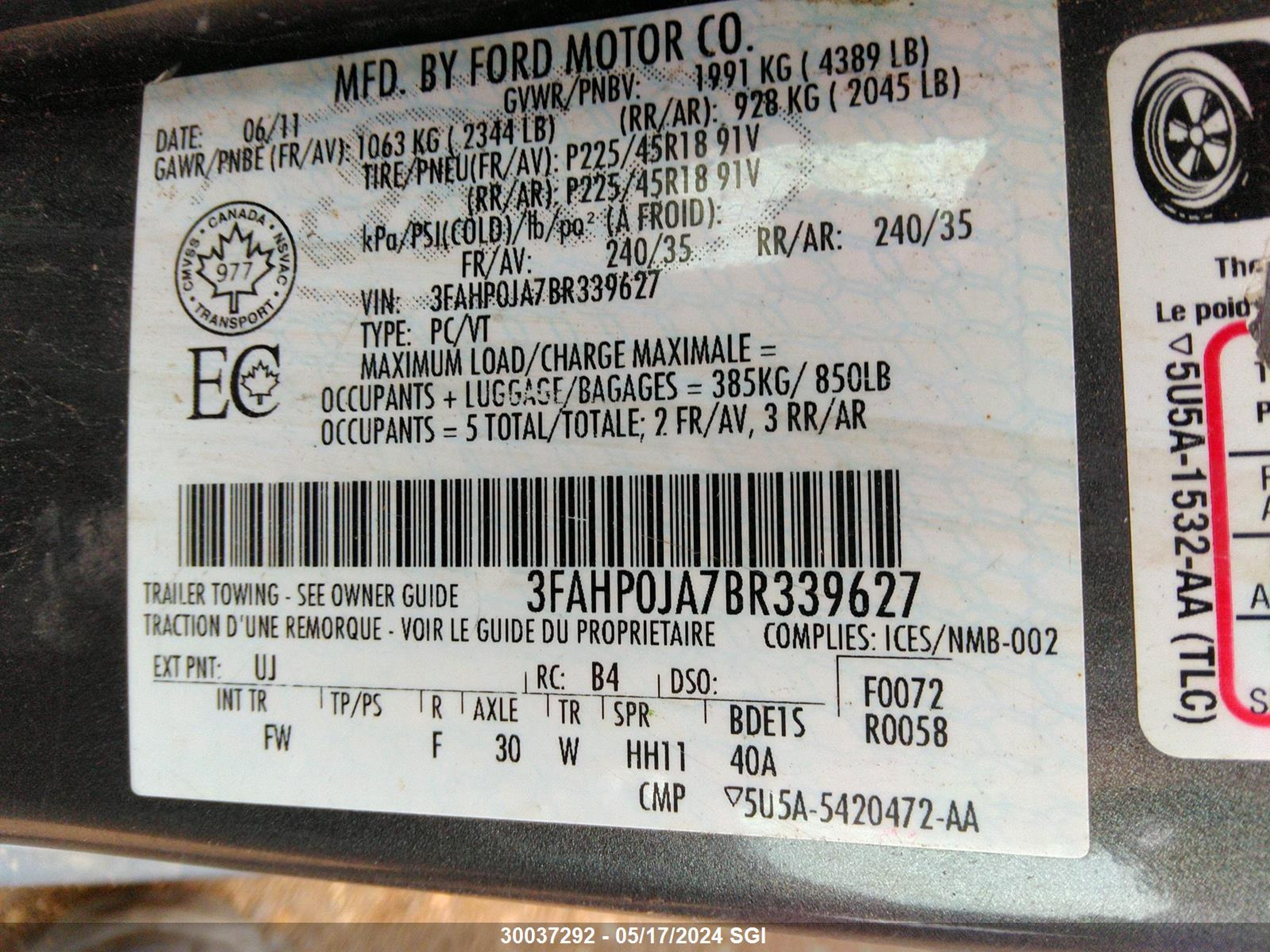 Photo 8 VIN: 3FAHP0JA7BR339627 - FORD FUSION 