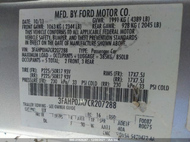 Photo 8 VIN: 3FAHP0JA7CR207288 - FORD FUSION 