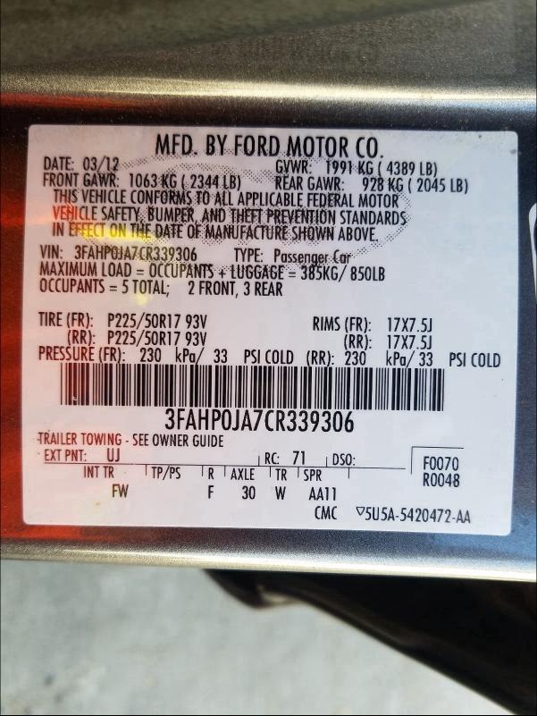 Photo 9 VIN: 3FAHP0JA7CR339306 - FORD FUSION SEL 