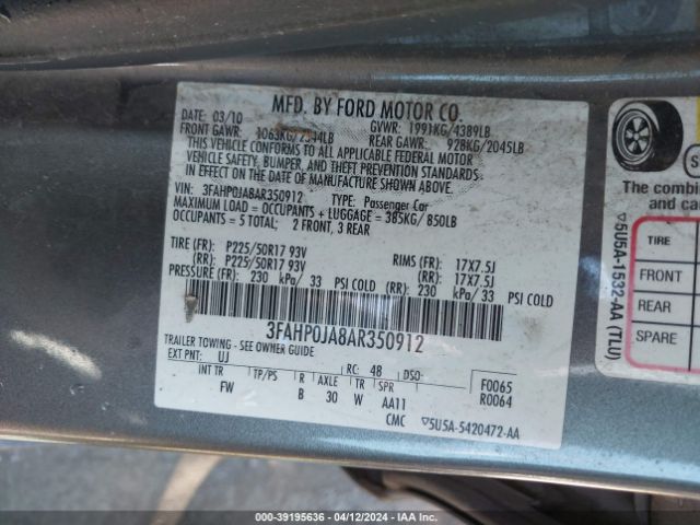 Photo 8 VIN: 3FAHP0JA8AR350912 - FORD FUSION 