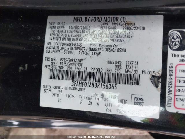 Photo 8 VIN: 3FAHP0JA8BR156365 - FORD FUSION 