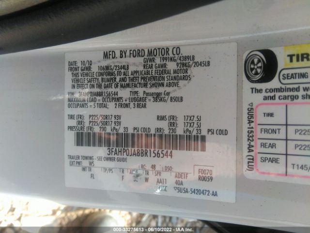 Photo 8 VIN: 3FAHP0JA8BR156544 - FORD FUSION 