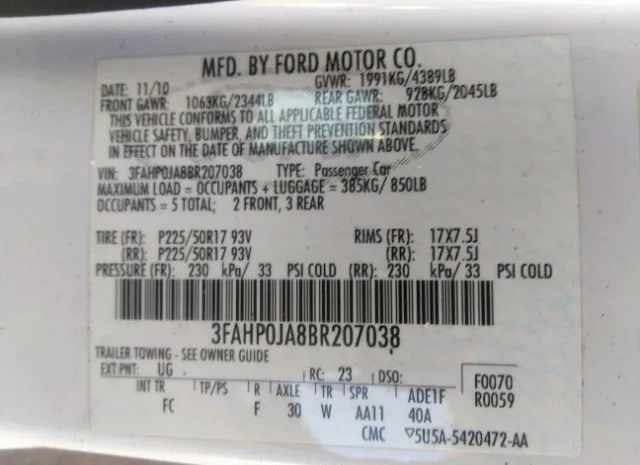 Photo 8 VIN: 3FAHP0JA8BR207038 - FORD FUSION 