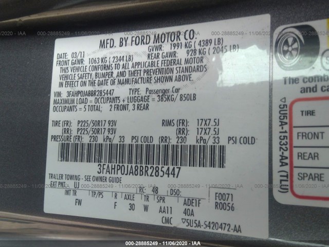 Photo 8 VIN: 3FAHP0JA8BR285447 - FORD FUSION 