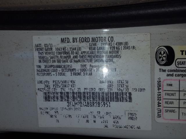 Photo 9 VIN: 3FAHP0JA8BR285951 - FORD FUSION SEL 