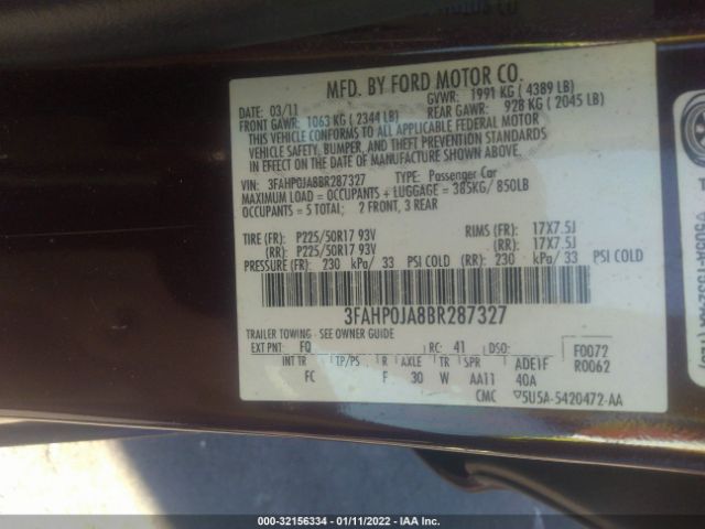 Photo 8 VIN: 3FAHP0JA8BR287327 - FORD FUSION 