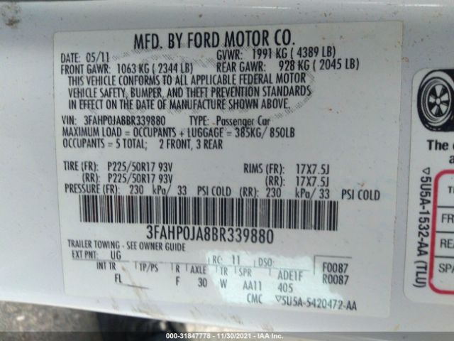 Photo 8 VIN: 3FAHP0JA8BR339880 - FORD FUSION 