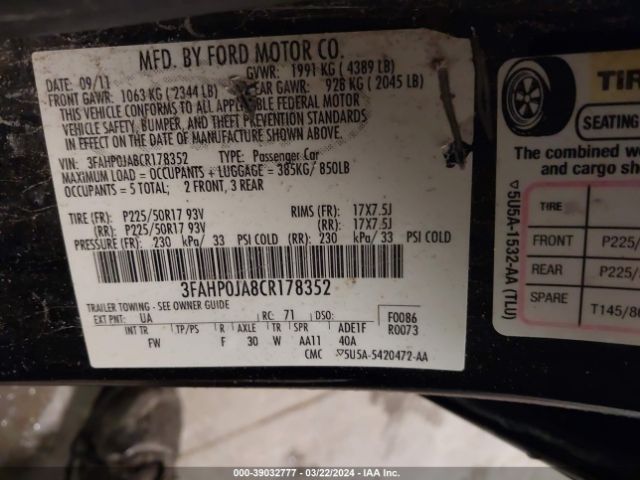 Photo 8 VIN: 3FAHP0JA8CR178352 - FORD FUSION 